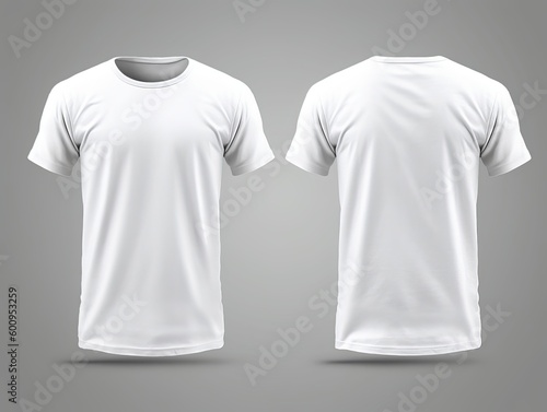 White short sleeve t shirt front and back view, isolated on grey background. Ready for your mock up design template. Generative AI
