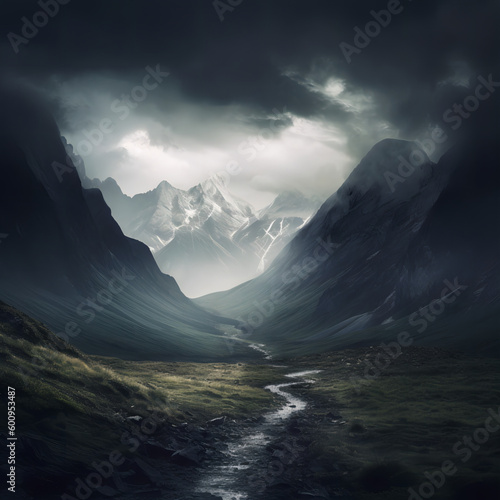 Small river in valley between gorgeous mountains and a cloudy, dark sky.