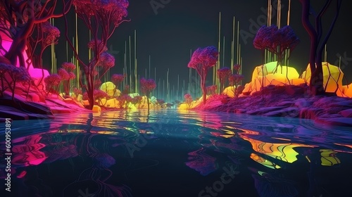 Neon 3d Landscape Neon Terrain Swamp Metavarse Virtual World with trees water magical environment with a heavy aqua, yellow, and orange neon glow, 