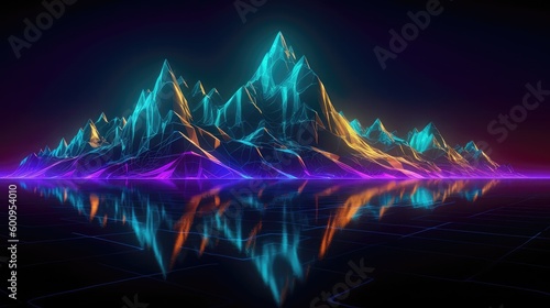 Neon Mountains 3d Landscape inside Metavarse Virtual World with trees water magical environment with a heavy aqua, yellow, and orange neon glow, 