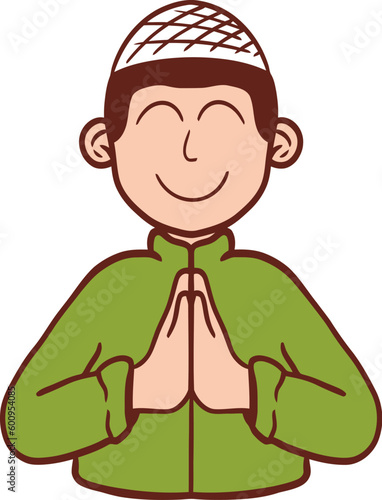 Islamic Boy with Sorry Gesture Flat Hand Drawn Illustration