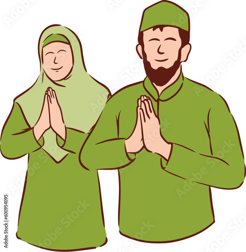 Islamic Family Gathering and Sorry Gesture Flat Hand Drawn Illustration