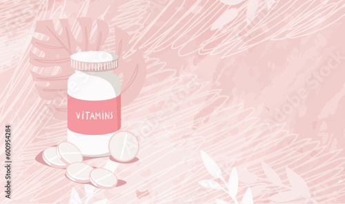 Pills with vitamins and supplements, Promotion banner with copy space, jar with several pills on pink modern background, dietary supplements and sports nutrition, flat vector illustration.