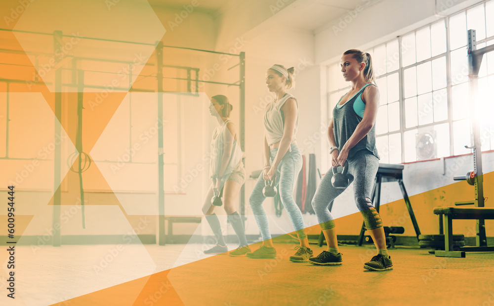 Fototapeta premium Fitness, women or group with a kettlebell at gym for exercise, workout and training. Athlete people or team together for strong muscle, weight or power challenge at wellness club with mockup overlay