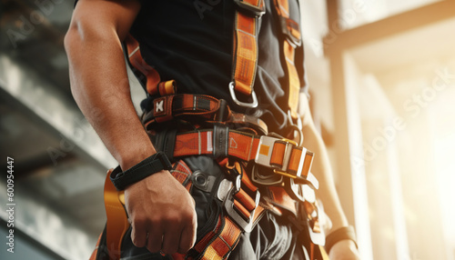 close up Construction worker wearing safety harness at construction site