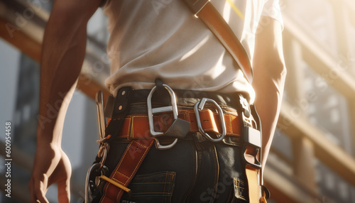 close up Construction worker wearing safety harness at construction site photo