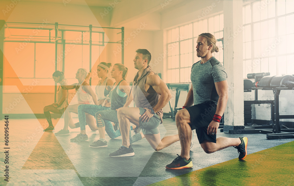 Fototapeta premium Fitness, group and gym for lunge exercise, workout and training. Athlete men and women or team together to focus on strong muscle, legs or power challenge at a wellness club or class with a overlay