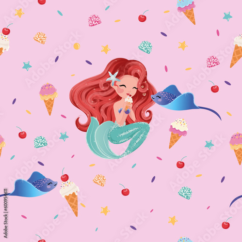 Sweet seamless vector pattern design. Cute mermaid is eating ice cream, with her cute friend stingray. Vector illustration for kids fashion artworks, greeting cards, t-shirt prints, wallpapers.