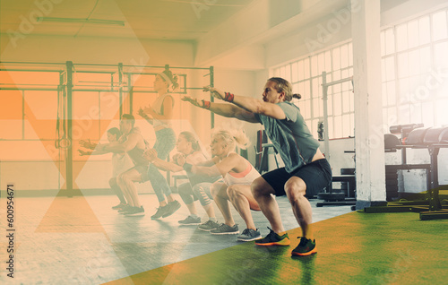 Fitness, group and people squat at gym for exercise, workout and training. Athlete men and women together for strong muscle, commitment or power challenge at health club or class with mockup overlay