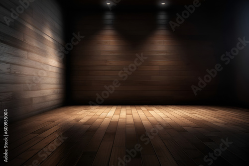 Creative interior concept. Abstract Dark wooden room with spotlight shining. Template for product presentation. Mock up