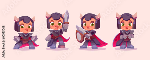 Set of cute knight with shield and sword. Vector kid imagination character. Hero in helmet and armor for medieval rpg game. Isolated cartoon clipart for creative storytelling about prince.