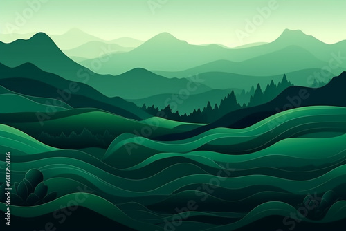 Abstract green nature landscape with mountains and hills background minimalistic illustration. Generative AI © Rytis