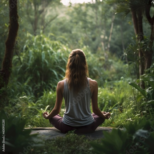 Woman meditating in the woods, yoga