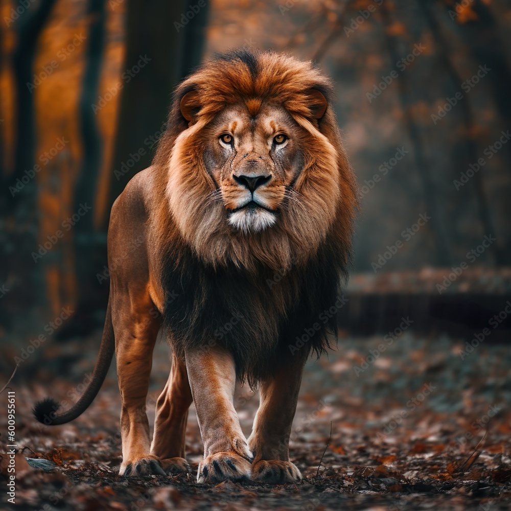 Lion walking through the woods
