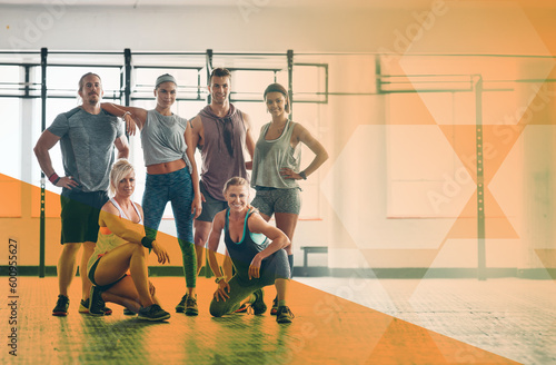 Fitness, group of people and portrait at gym for exercise, workout and training goals. Athlete men and women team happy together for challenge, motivation or strong muscle at club with mockup overlay