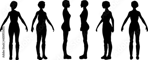 "Multi-Angle Renderings: Silhouette of Female Body from Different Sides" "Complete Set: Silhouette of Female Body Rendered from Multiple Sides"