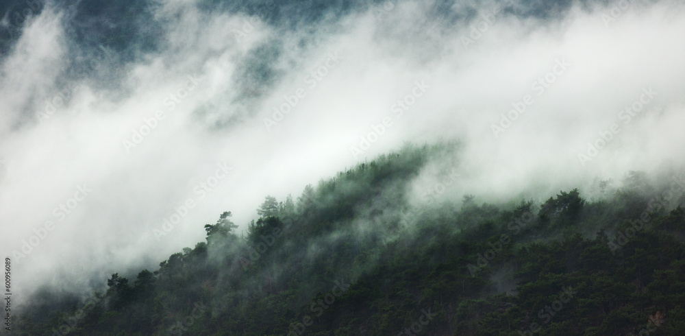 Fototapeta premium rain clouds over the forest. Mountain landscape. . Turkey.