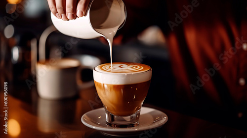 Skilled Barista Pouring Steamed Milk for Latte Art.