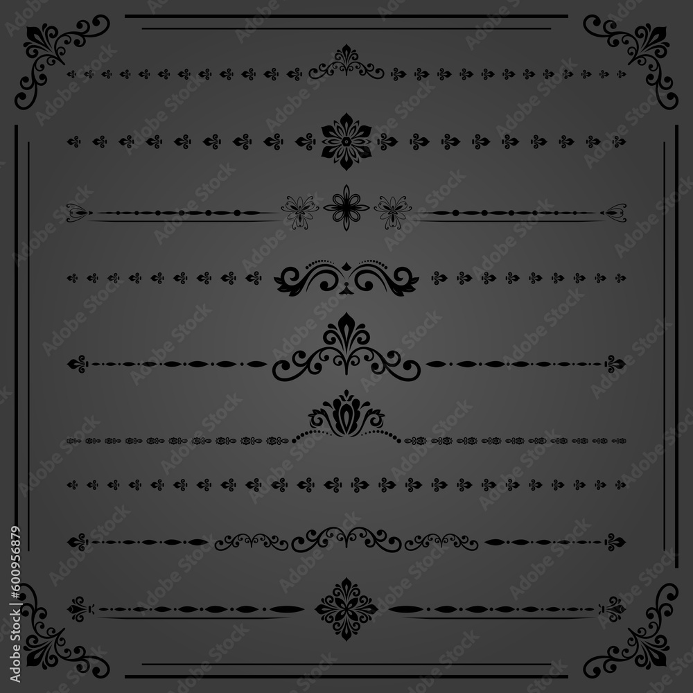 Vintage set of black elements. Horizontal dark separators in the frame. Collection of different ornaments. Classic patterns. Set of vintage patterns