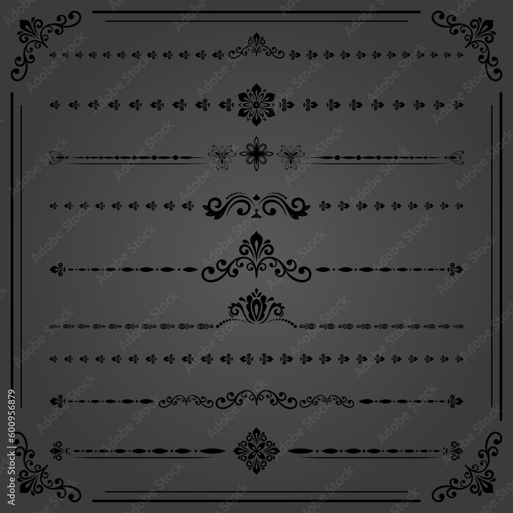 Obraz premium Vintage set of black elements. Horizontal dark separators in the frame. Collection of different ornaments. Classic patterns. Set of vintage patterns