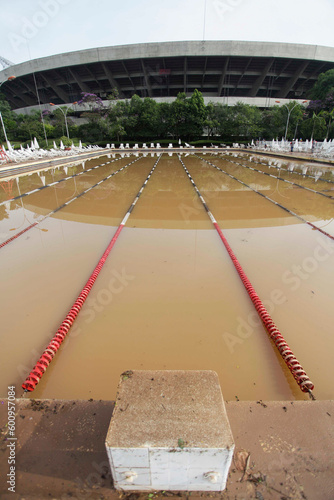 A olympic swimming pool is seen inundated with flood water in Morumbi neighborhood, Sao Paulo, Brazil, after extreme heavy rains hit the area. photo