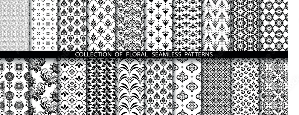 Geometric floral set of seamless patterns. White and black vector backgrounds. Damask graphic ornaments. Geometric floral set of seamless patterns. White and black vector backgrounds. Damask graphic ornaments.