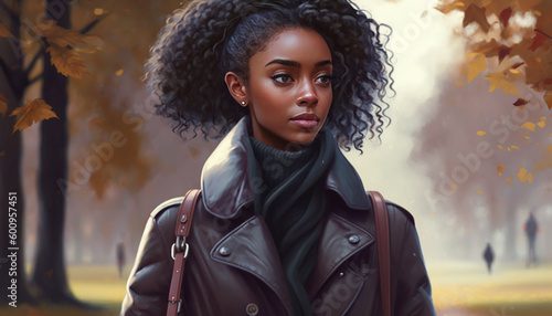 Beautiful young african woman wearing coat walking outdoors at the park, carrying backpack. illusnration generative ai. photo