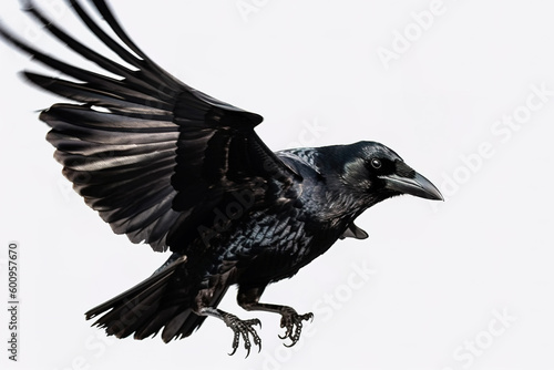 Image of a crow is flapping its wings on a white background. Wild Animals. Birds. Illustration. Generative AI. © yod67