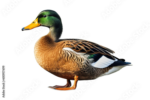 Image of duck on white background. Wild Animals. Illustration. Generative AI.