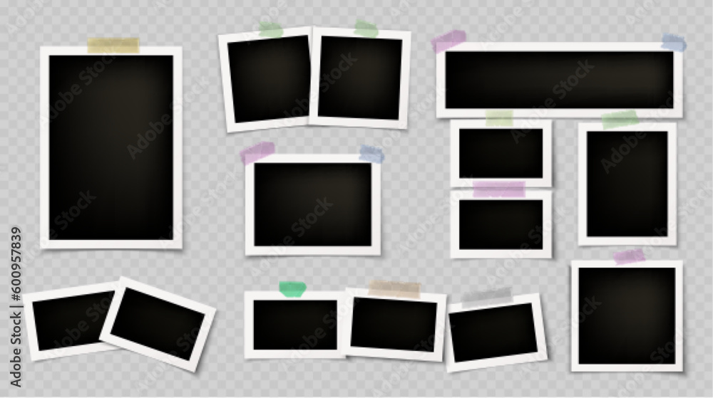 Photo frame collage template vector album mockup on transparent background. Foto memory picture and sellotape sticker. Blank photography card with white border realistic set. Retro snapshot collection Photo frame collage template vector album mockup on transparent background. Foto memory picture and sellotape sticker. Blank photography card with white border realistic set. Retro snapshot collection