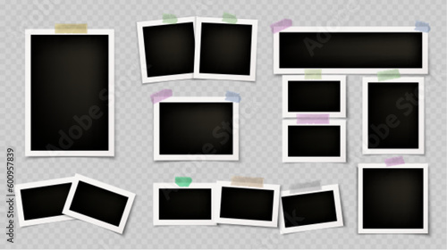 Photo frame collage template vector album mockup on transparent background. Foto memory picture and sellotape sticker. Blank photography card with white border realistic set. Retro snapshot collection