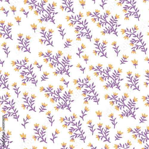 Wallpaper Mural Stylish, delicate, romantic, fashionable pattern with small elements of plants on a light background. Seamless vector. Lots of yellow flowers on purple twigs. Torontodigital.ca