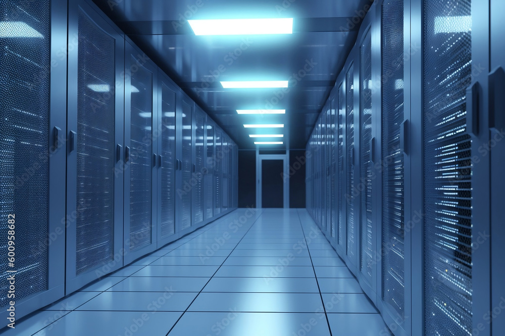 Fototapeta premium Corridor in server room of cybernetic data center generative ai