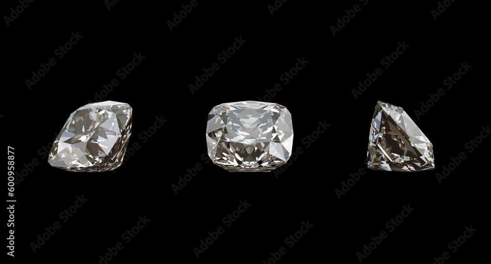 Three square diamonds Different views on black background at 3D render design. Three square diamonds Different views on black background at 3D render design.