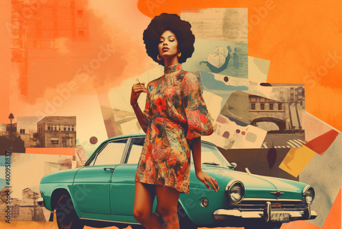 Sunset 60s Collage Fashion and Classic Cars with a Black Woman and Afro in Magazine-Style Full Body Shot. (AI)