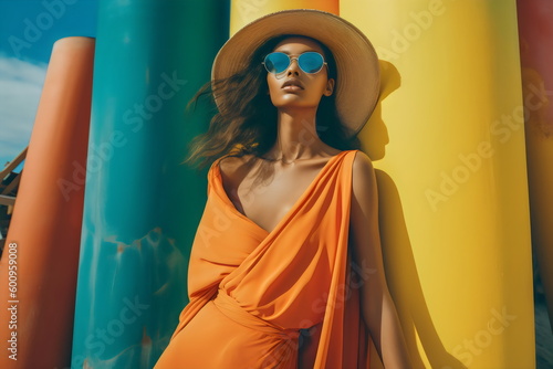 model wearing orange draped dress, hat and sunglasses in sun with colored pipe background, summer fashion editorial made with generative ai