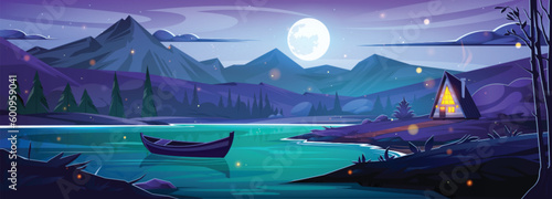 Fireflies in night alps forest near boat in lake cartoon vector landscape. Moon in sky with cloud above river and pine tree. Hiking in Canada or Switzerland banner with beautiful mountainscape.
