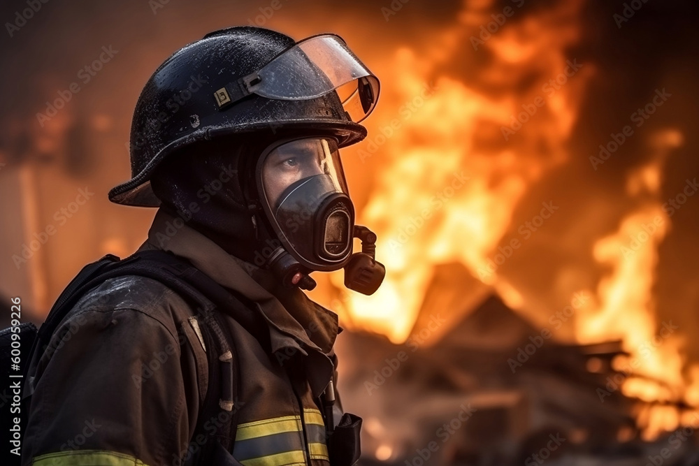 Concentrated fireman with helmet at action with scorching fire at background generative ai Concentrated fireman with helmet at action with scorching fire at background generative ai
