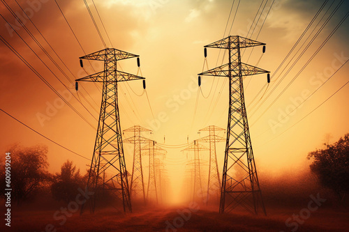 AI generative. Energy Transmission towers with golden sky