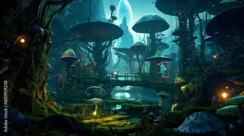 alien fantasy landscape with mushrooms and gantry walkways over water in blue and green  concept art painting made with generative ai 