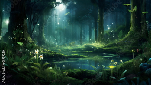fantasy forest lake magical landscape with flowers and water in blue and green, concept art painting made with generative ai  © Ricky
