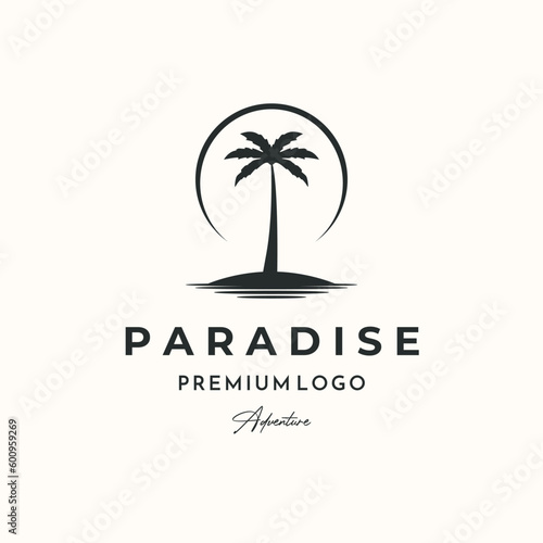 palm tree island vintage logo vector minimalist illustration design, paradise adventure logo design