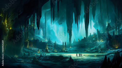 people in cave with stalactites, stalagmites and water in blue and green, concept art painting made with generative ai 