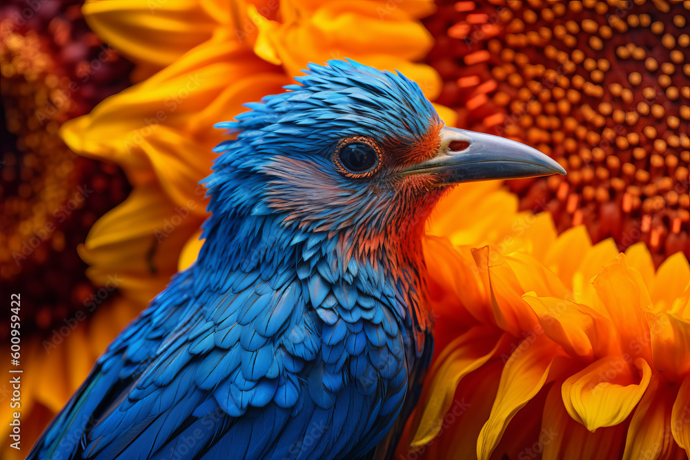 Fototapeta premium a beautiful sunflower with a pretty blue bird resting on it. Generative AI.
