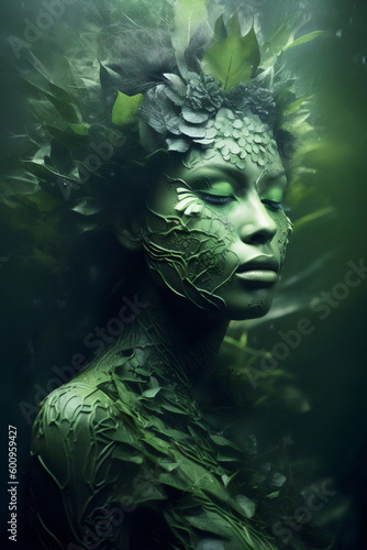 green woman covered in leaves, fantasy character representing the environment, made with generative ai