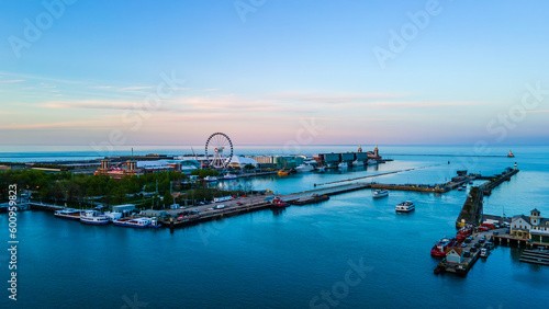 Chicago IL USA May 4th 2023:aerial drone view of Navy Pier Ferris wheel during sunset . the great tourist attractions is great for visitors to have fun. related to travel and destinations 