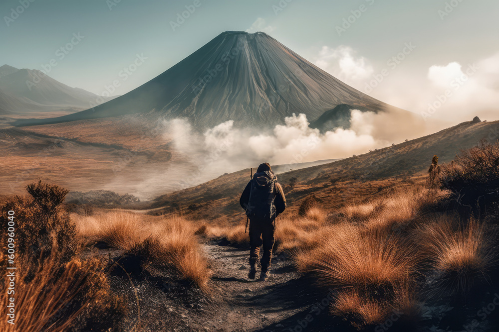 A person hiking near a volcano. Generative AI