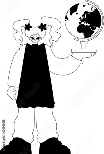 The energized lady with the globe. Learning subject. Forlorn and white line craftsmanship. Trendy style, Vector Illustration