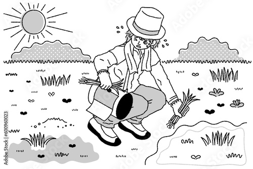 強い日差しの中で草むしりをする男性のモノクロイラスト