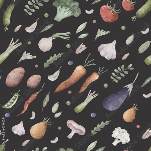 Watercolor seamless pattern of vegetables. vegetables, food, organic food, ecl food, carrot, cucumber, mushroom, potato, tomato photo